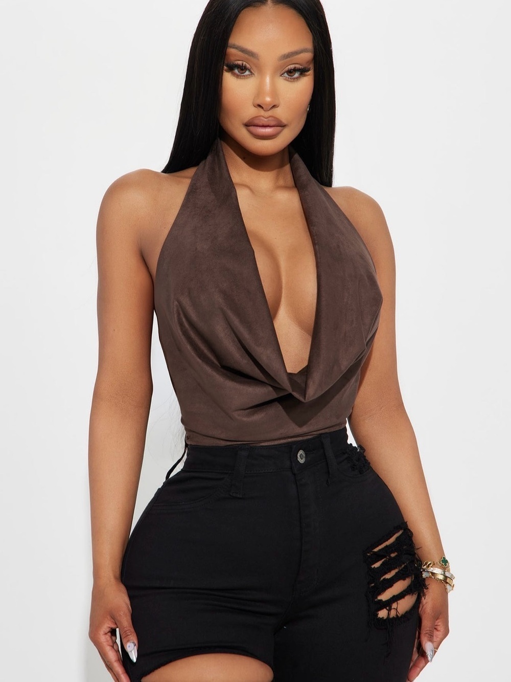 Fashion Nova Chocolate Brown Cowgirl Suede Halter Bodysuit NWT Small